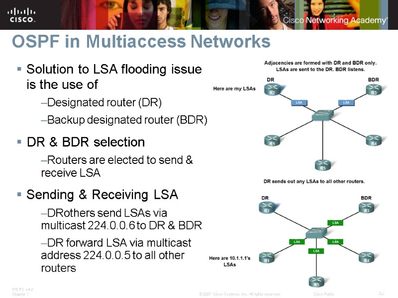 OSPF in Multiaccess Networks Solution to LSA flooding issue is the use of 